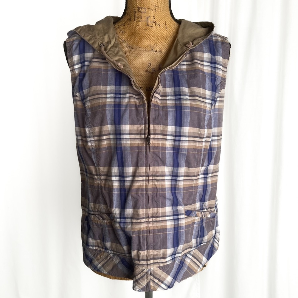 Reversible Hooded Vest Women’s L Plaid Tan Full-Zip Spring Fall Layer